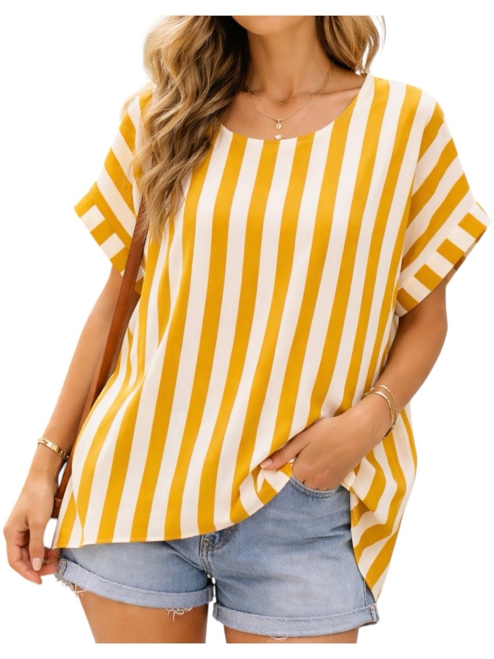 Umgee Large Mustard White Striped Oversized Blouse Cuffed Sleeve Top Large - Picture 1 of 5